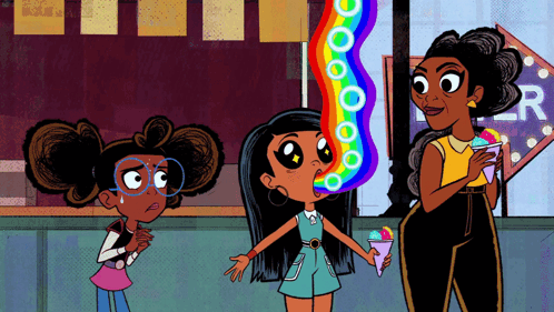 Girl with Rainbow Mouth Standing Next to Two Girls