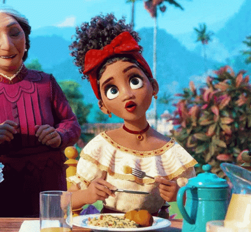 Girl with Red Bow at Table with Food
