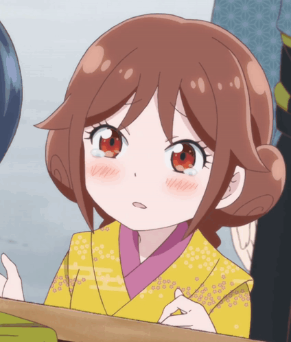 Girl With Red Eyes and Brown Hair in Yellow and Pink Kimono