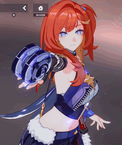 Girl with Red Hair and Blue Eyes Holding Blue Object and Share Button