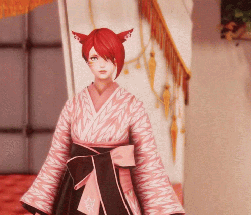 Girl With Red Hair and Ears in Pink and Black Kimono