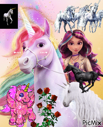 Girl With Unicorn on Head Surrounded by Unicorns and Flowers
