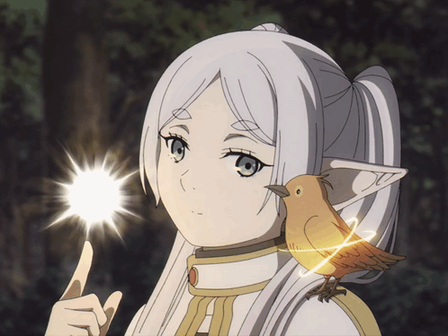 Girl with White Hair and Bird on Shoulder Holding Light