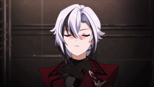 Girl With White Hair And Black Stripes In Red Jacket And Gloves GIF
