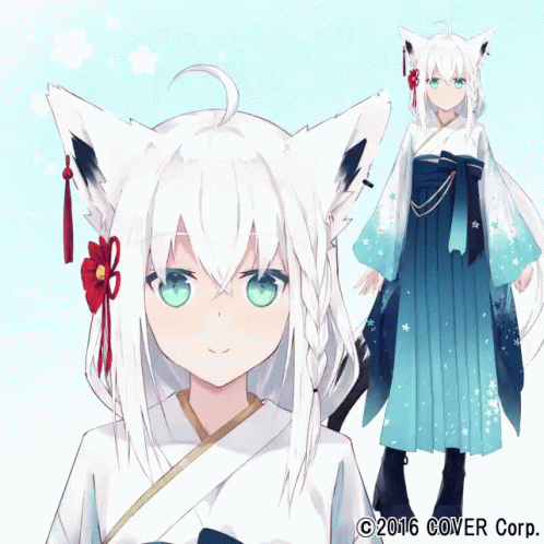 Girl With White Hair and Blue Eyes in Front of Cover Corp Logo