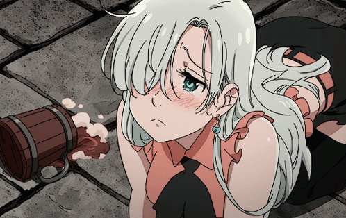 Girl with White Hair and Blue Eyes Kneeling Next to Barrel