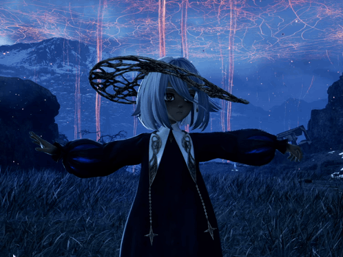 Girl with White Hair and Hat in Tall Grass