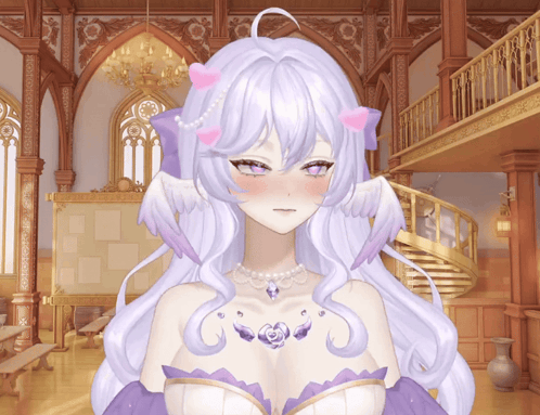 Girl With White Hair and Pink Horns Standing by Stairs