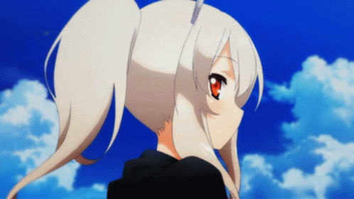 Girl With White Hair and Red Eyes in Front of Blue Sky