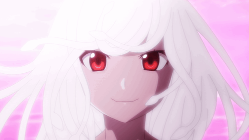 Girl with White Hair and Red Eyes Looking Up