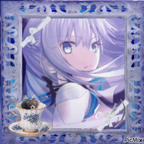 Girl With White Hair and Teddy Bear in Teacup Saying Love