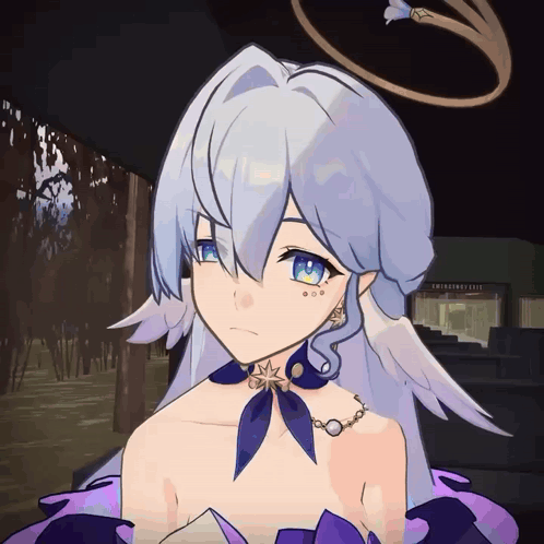 Girl With White Hair Blue Eyes Purple Dress GIF