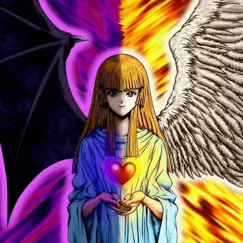 Girl With Wings Holding Heart Between Demon and Angel