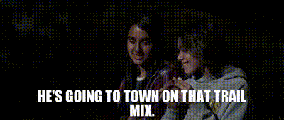 Girls Sitting Next to Each Other Saying He's Going to Town on That Trail Mix