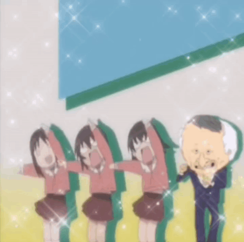 Girls Standing In Front Of Big Head Man GIF