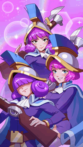 Girls With Purple Hair and Blue Hats Standing Together