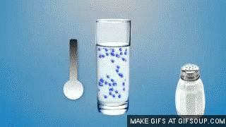 Glass of Water Spoon and Salt Shaker on Blue
