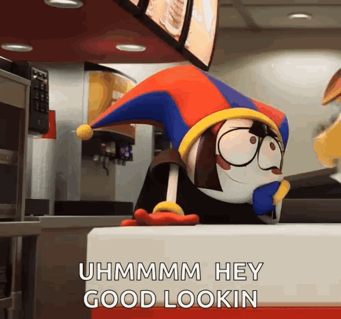 Glasses and Jester Hat Cartoon Saying Uhmmmm Hey Good Lookin