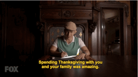 Glen Powell Writing Thanksgiving Letter GIF