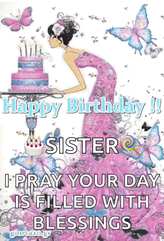 Glitter Happy Birthday Sister Blowing Candle GIF