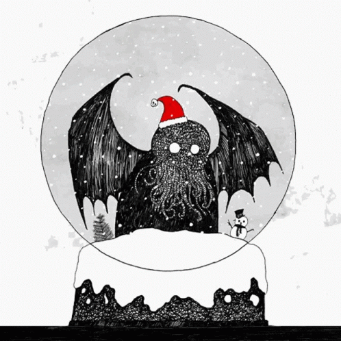 Glittery Cthulhu Santa Hat Snow Globe GIF