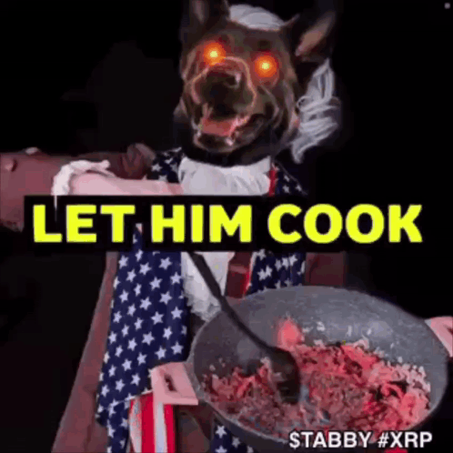 Glowing Red Eyed Dog Holding Pan Says Let Him Cook