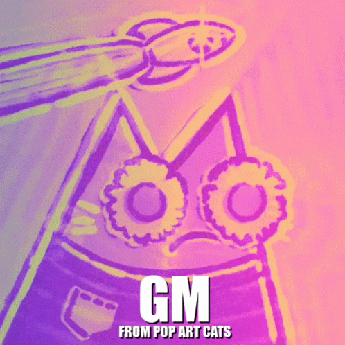 Gm From Pop Art Cats Is Written On A Pink And Purple Poster GIF