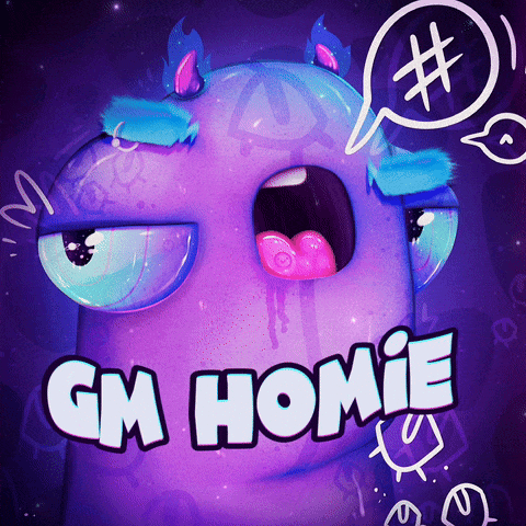 Gm Homie Is Written On A Purple Background With A Cartoon Monster GIF