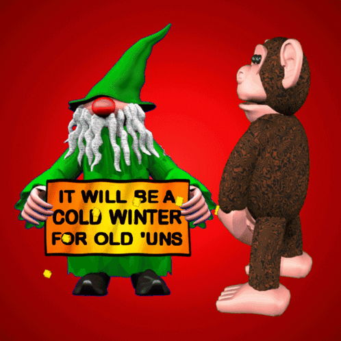 Gnome Holding Sign It Will Be a Cold Winter Next to Monkey