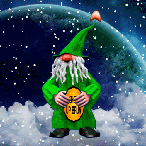 Gnome in Green Outfit Holding Sign Saying Some Up Bruv