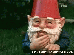 Gnome in Red Hat Laughing Covering Mouth