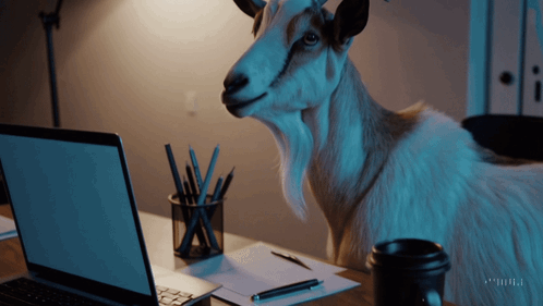 Goat Standing on Desk With Laptop and Coffee