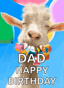 Goat with Balloons and Bow Tie Says Dad Happy Birthday