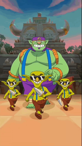 Goblins In Sunglasses And Suspenders In Front Of Building GIF
