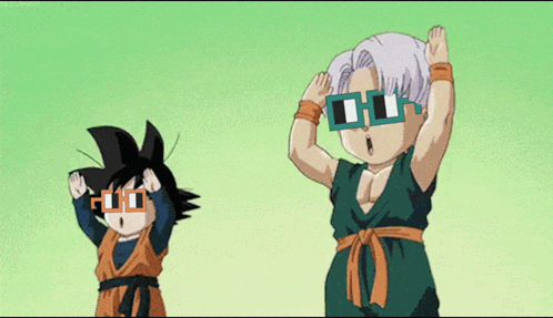 Goku And Trunks From Dragon Ball Z Are Wearing Sunglasses And Making Funny Faces GIF