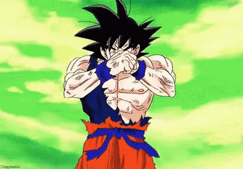 Goku From Dragon Ball Z Is Covering His Face With His Hands While Standing In Front Of A Green Background . GIF