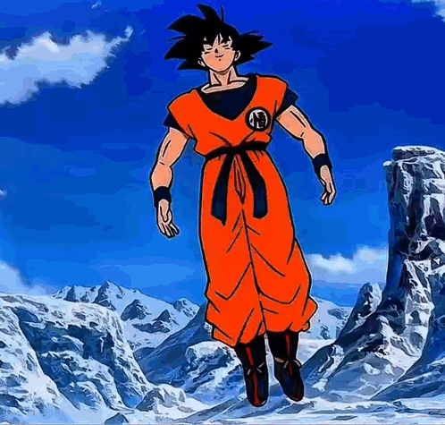 Goku From Dragon Ball Z Is Jumping In The Air In Front Of Mountains . GIF