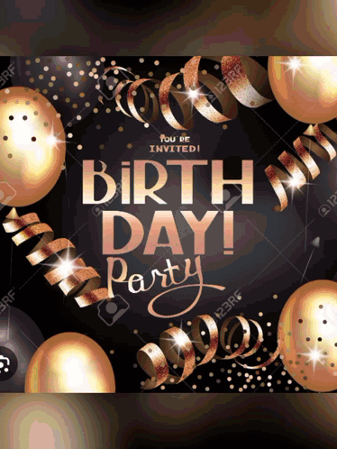 Gold Balloons and Streamers Birthday Invitation