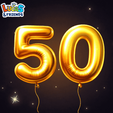 Gold Balloons In The Shape Of The Number 50 With Lucas & Friends Written On The Bottom GIF