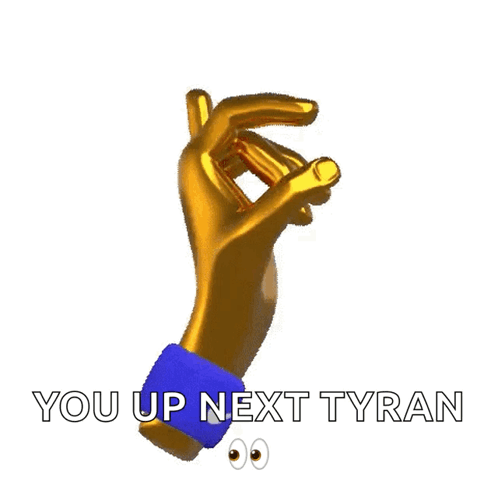 Gold Hand With Googly Eyes Saying You Up Next Tyran