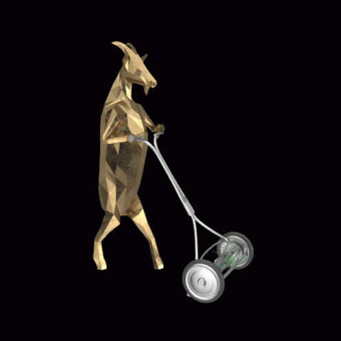 Golden Goat Pushing Lawn Mower