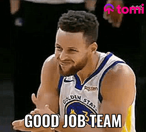 Golden State Warriors Basketball Player Stephen Curry Is Smiling And Saying `` Good Job Team '' While Clapping His Hands GIF