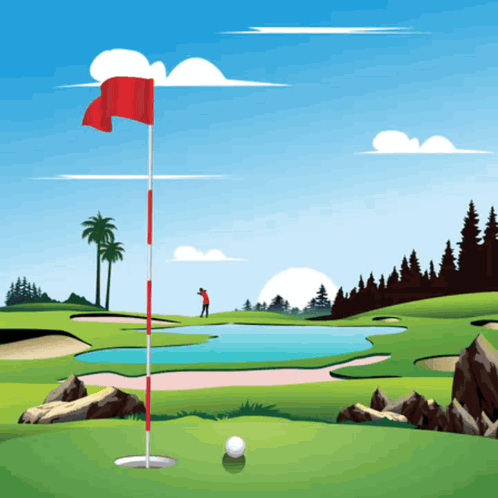Golf Course with Red Flag and Golf Ball on Green