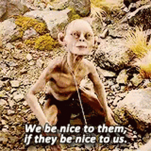 Gollum From The Lord Of The Rings Is Sitting On The Ground With A Chain Around His Neck And A Bottle Of Water . GIF