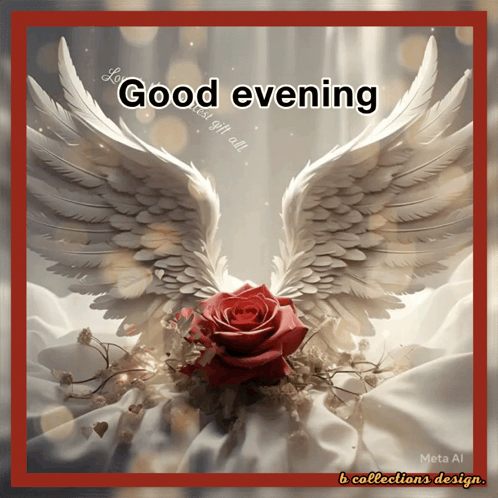 Good Evening Card With Red Rose And Angel Wings GIF