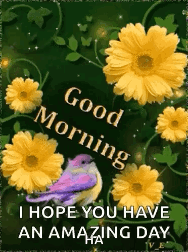 Good Morning Card With Yellow Flowers And Bird GIF