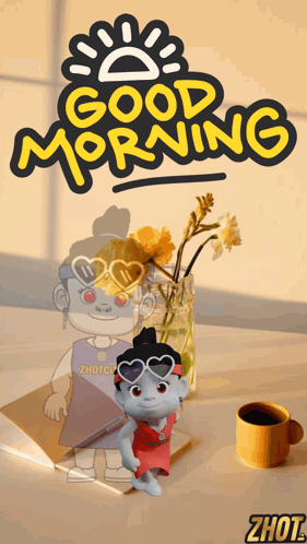 Good Morning Cartoon Character With Vase Of Flowers GIF