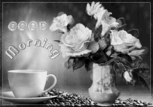 Good Morning Flowers And Coffee Black And White GIF