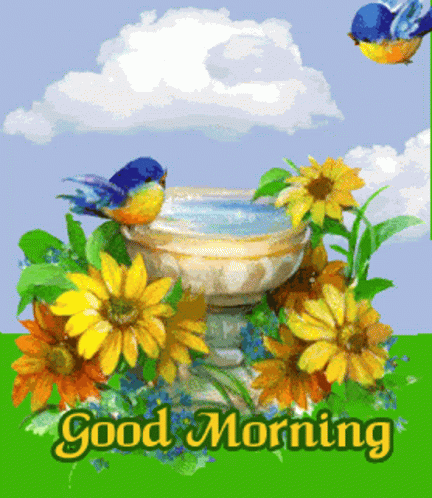 Good Morning Greeting Card With Flowers And Two Birds GIF