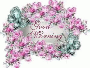 Good Morning Greeting Card With Pink Flowers And Butterflies GIF